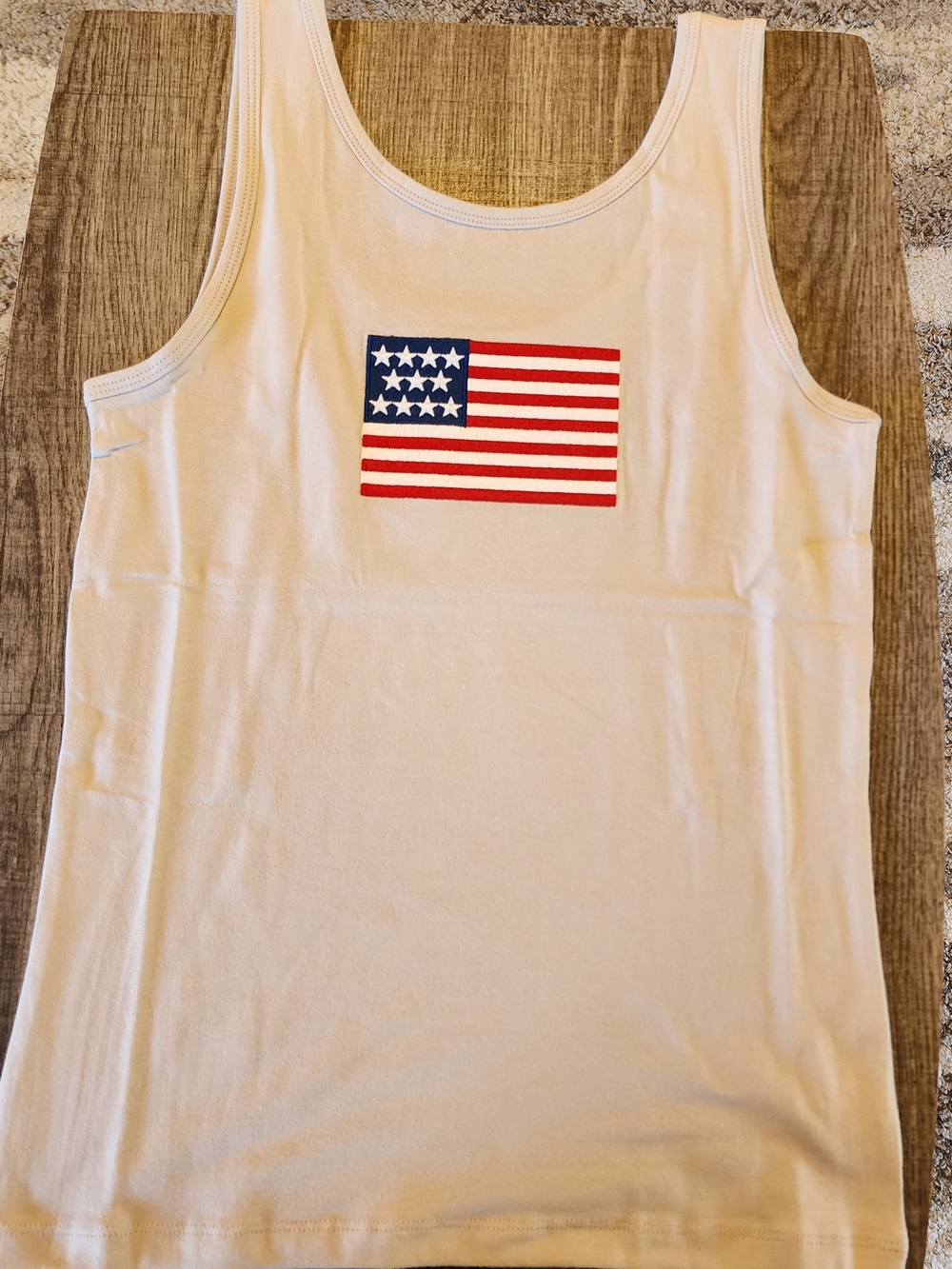 White Tank Top with American Flag Embroidery. Not Ribbed. NWT
